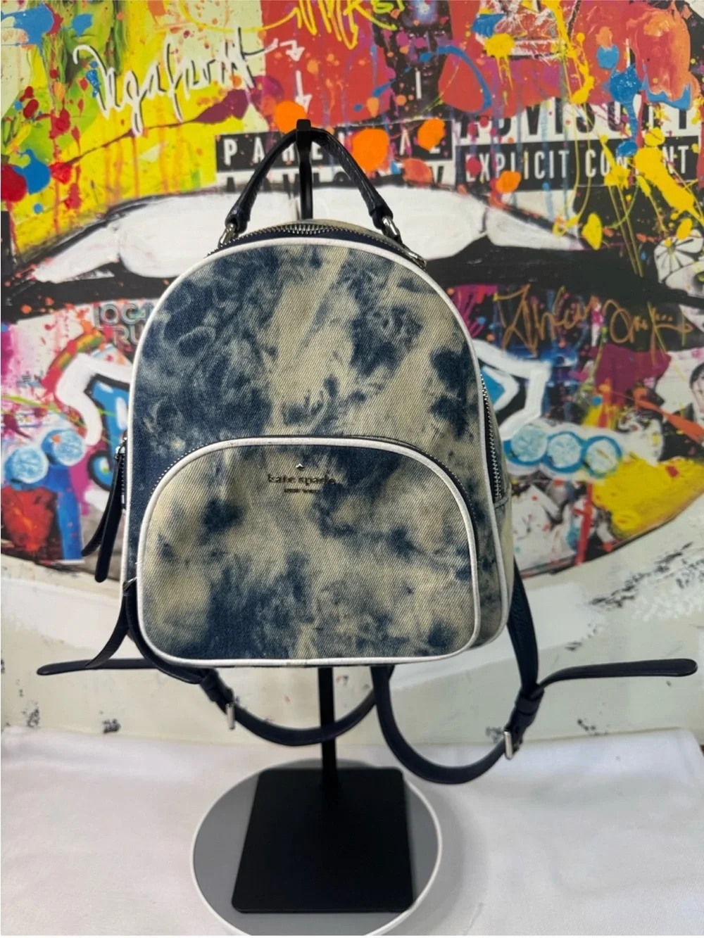 kate spade Navy and White Tie-Dye Denim Mini Backpack